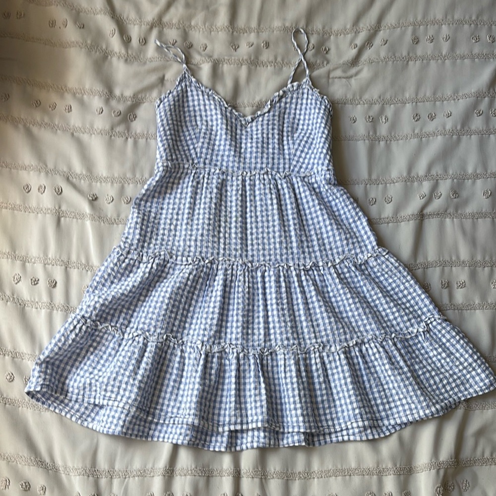 Light Blue and White Tiered Spaghetti Strap Mini Dress